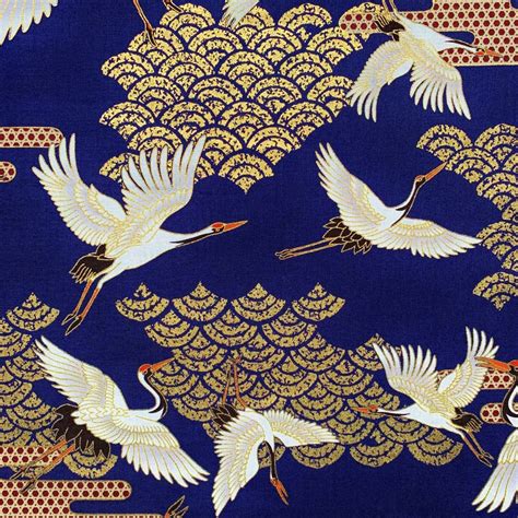 japanese white cranes on medium blue fabric metallic plants|Japanese Cranes .